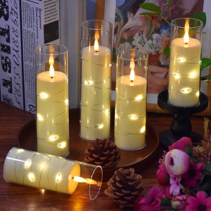 2 x Zestaw 3 ŚWIECA LED ELEKTRYCZNY WKŁAD DO ZNICZY Z BATERIAMI I DRUCIKIEM