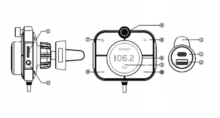 Transmiter FM Bluetooth Ładowarka USB QC SAVIO TR-14 Zestaw