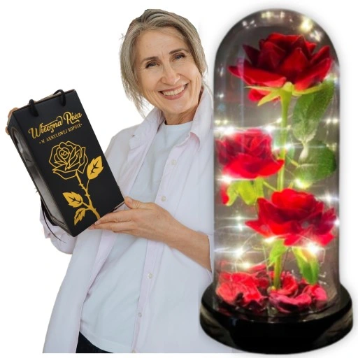 WIECZNA RÓŻA W SZKLE PREZENT NA DZIEŃ BABCI PUDEŁKO ŚWIECĄCA LED +KABEL USB
