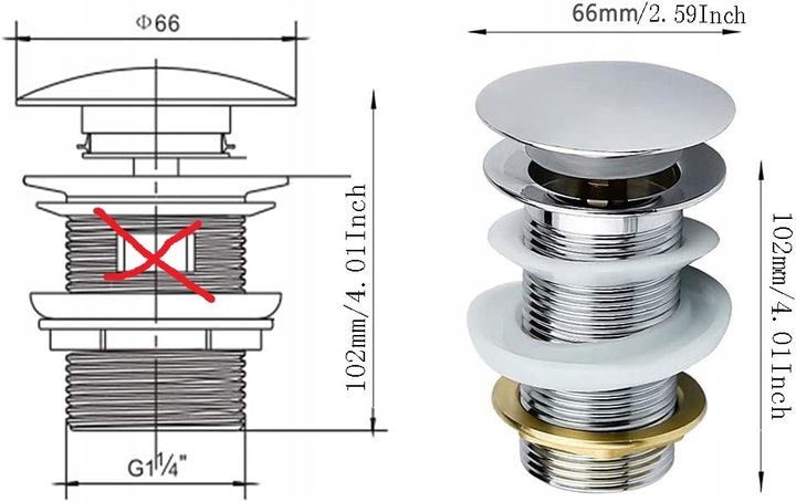 KOREK KLIK KLAK DO UMYWALKI BEZ PRZELEWU CHROM MOSIĄDZ KOREK