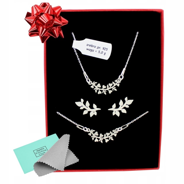 Komplet biżuterii SREBRNEJ listki z listkami srebro 925 pudełko na prezent