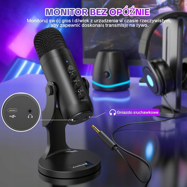 Mikrofon USB do gier, nagrywania streamingu do IPHONE, PC, PS5 PS4 ANDROIDA