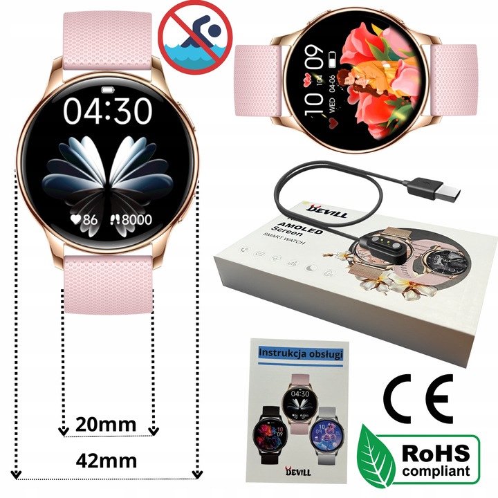 SMARTWATCH ZEGAREK DAMSKI ELEGANCKI ROZMOWY POWIADOMIENIA MENU PL AMOLED