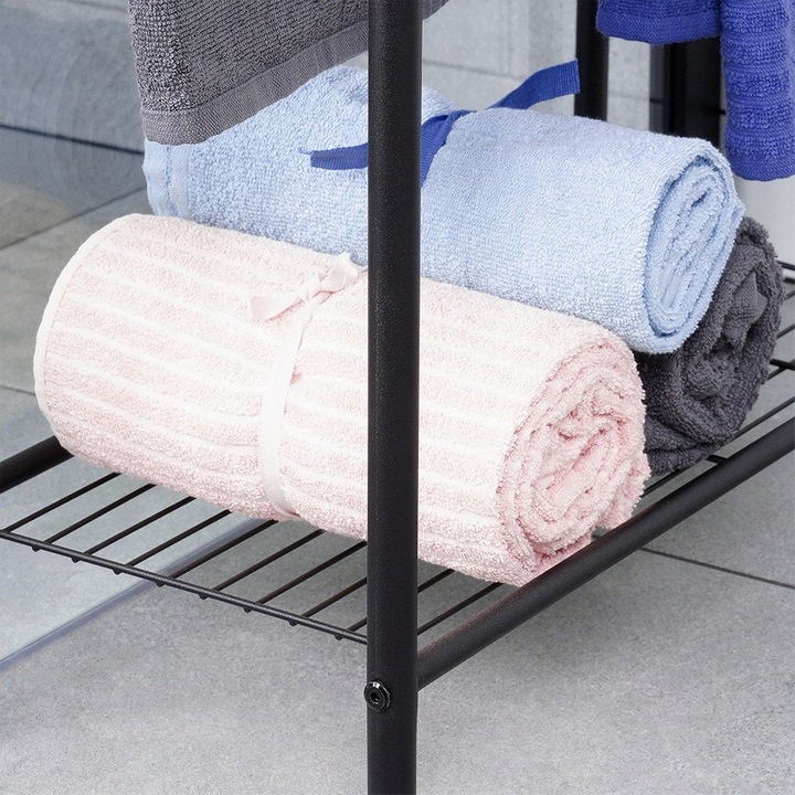 Stojak NA RĘCZNIKI wieszak łazienkowy podłogowy stojący czarny + półka
