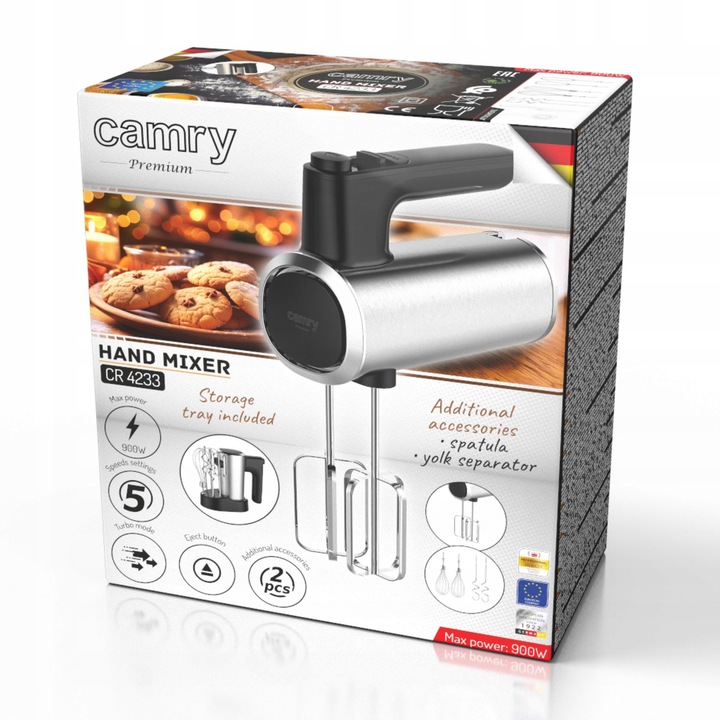 Mocny Mikser ręczny kuchenny 900W 5 PRĘDKOŚCI + 6 KOŃCÓWEK Wolny start