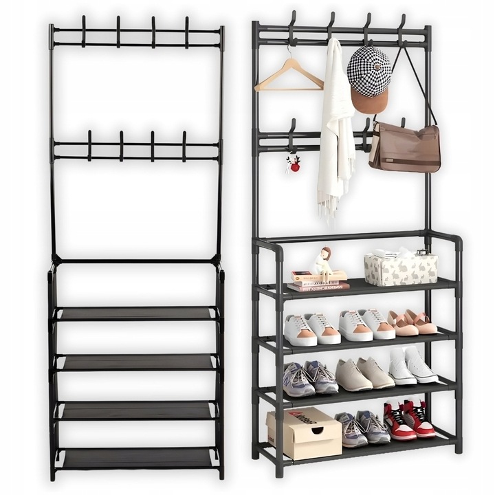 Wieszak na ubrania buty stojący do przedpokoju z półkami czarny