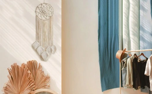 MAKRAMA NA ŚCIANĘ BOHO ŁAPACZ SNÓW OZDOBA ŚCIENNA ZE SZNURKA LIŚCIE OZDOBNE