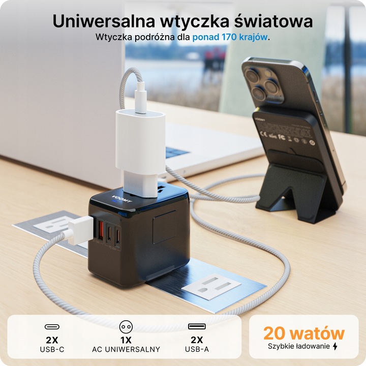 Wtyczka światowa VOOMY - 170+ krajów, 20W, 2 USB-C & 2 USB-A, Czarna