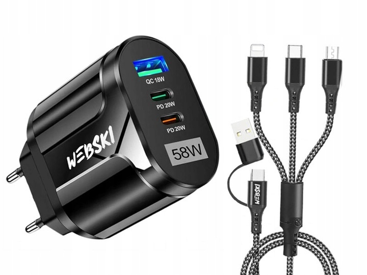 ZESTAW DO ŁADOWANIA ŁADOWARKA 58W 2xUSB-C PD 20W + USB QC 3.0 Z KABLEM 5W1