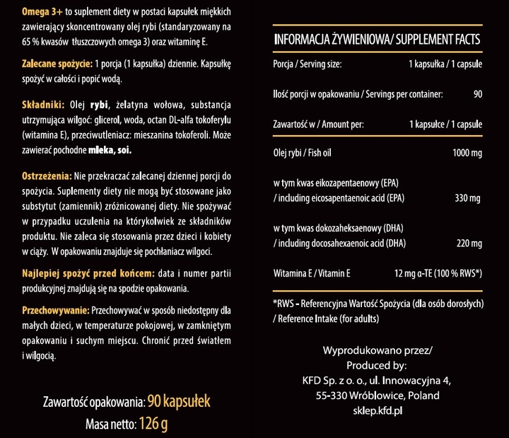 KFD OMEGA 3+ 90 kaps. - 330 EPA + 220 EPA + WIT. E