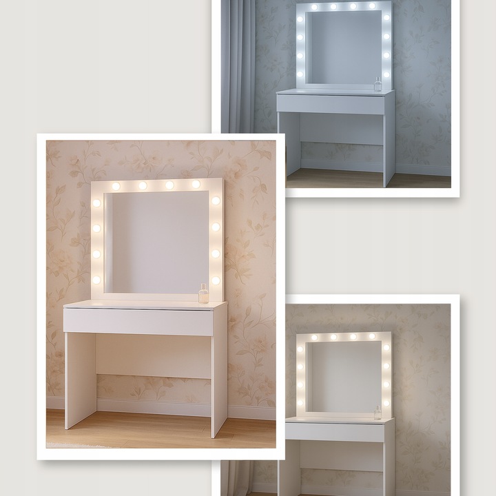 TOALETKA KOSMETYCZNA LED Z LUSTREM BIAŁA PODŚWIETLENIE SNOWY BIAŁA