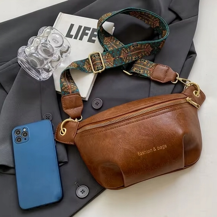 Torebka Damska Nerka BRĄZOWA Pojemna na Ramię Pasek Kolorowy Złoty Zamek