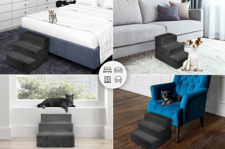 Schodki dla psa 3-stopnie tapicerowane grafitowe podest dla psa do kanapy