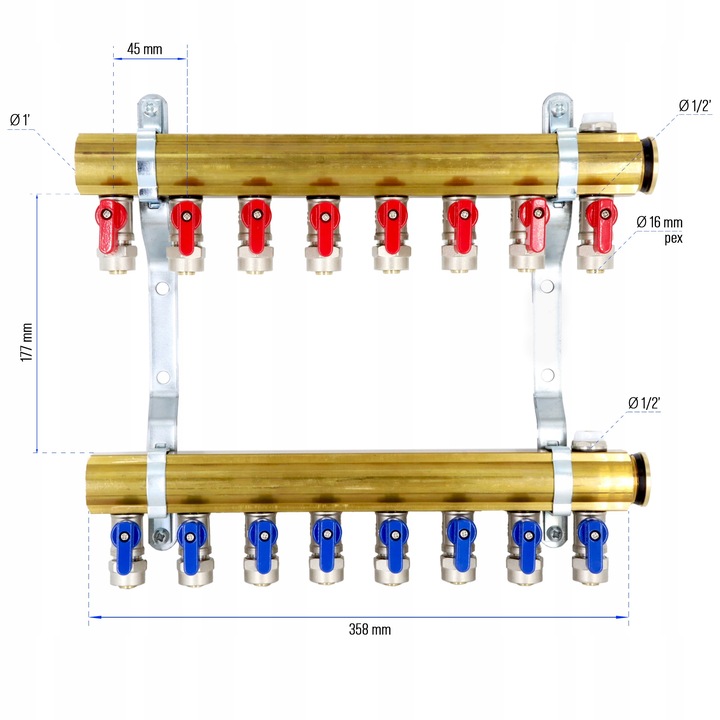 Rozdzielacz C.O. 8 obwodów zaworki PEX odpowietrzniki DO GRZEJNIKÓW