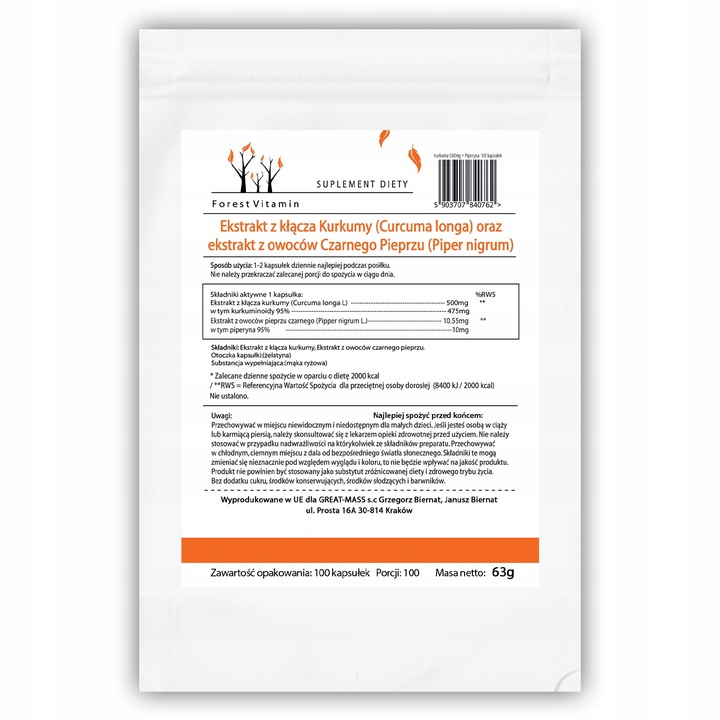 KURKUMINA PIPERYNA MOCNA STANDARYZACJA KURKUMA 100