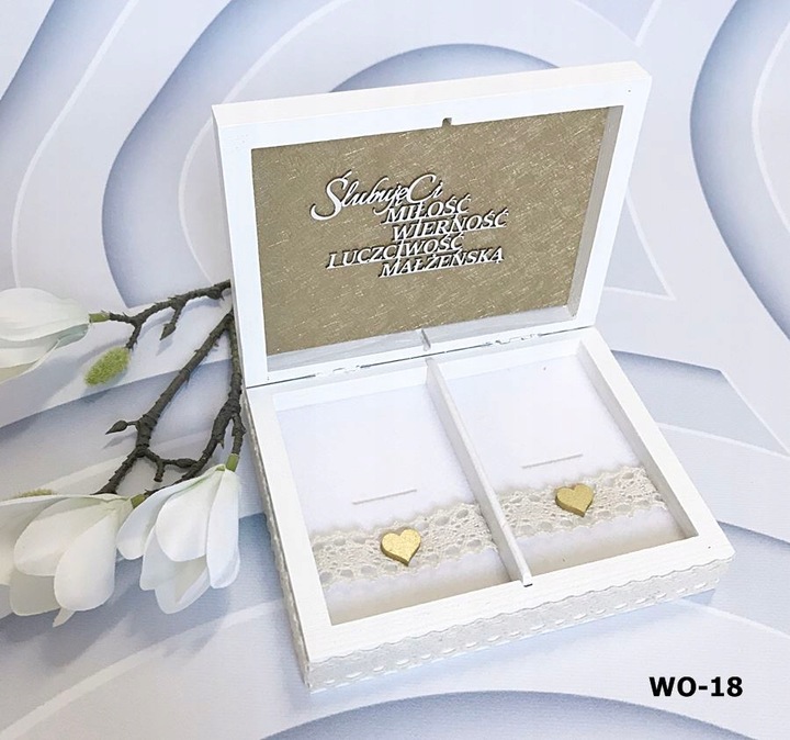 Pudełko na koperty + obrączki białe złote dekory