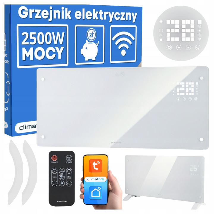 Grzejnik elektryczny szklany konwektorowy Glow 2500W LED WiFi Tuya biały