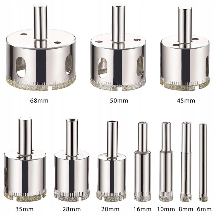 WIERTŁO OTWORNICE DIAMENTOWE DO GRESU PŁYTEK SZKŁA PROFI 6-68MM KORONKI