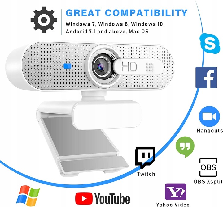 KAMERA INTERNETOWA KOMPUTEROWA ASHU USB 1080P SREBRNA AUTOFOKUS MIKROFON