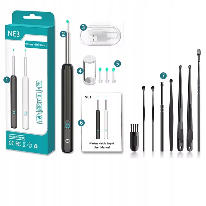 SMART OTOSKOP KAMERA CZYSZCZENIE USZU WOSK WIFI HD APLIKACJA ENDOSKOP