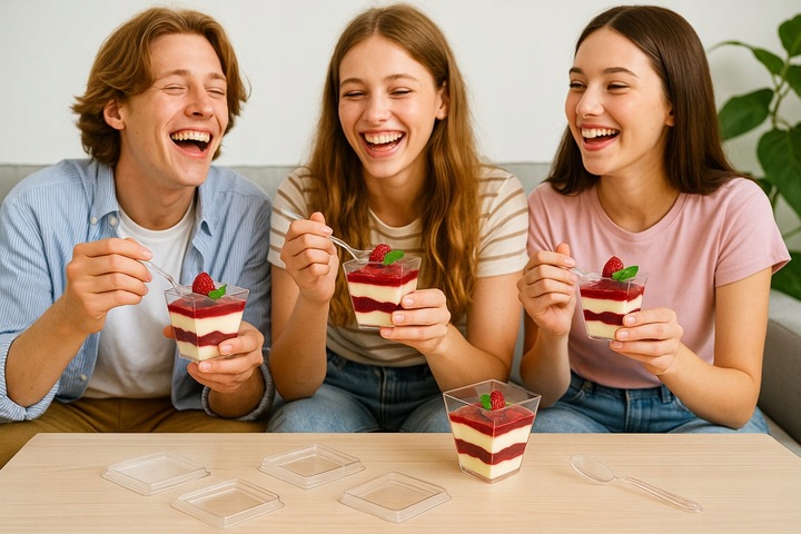 Pucharki plastikowe do deserów przekąsek 200ml z pokrywką i łyżeczką