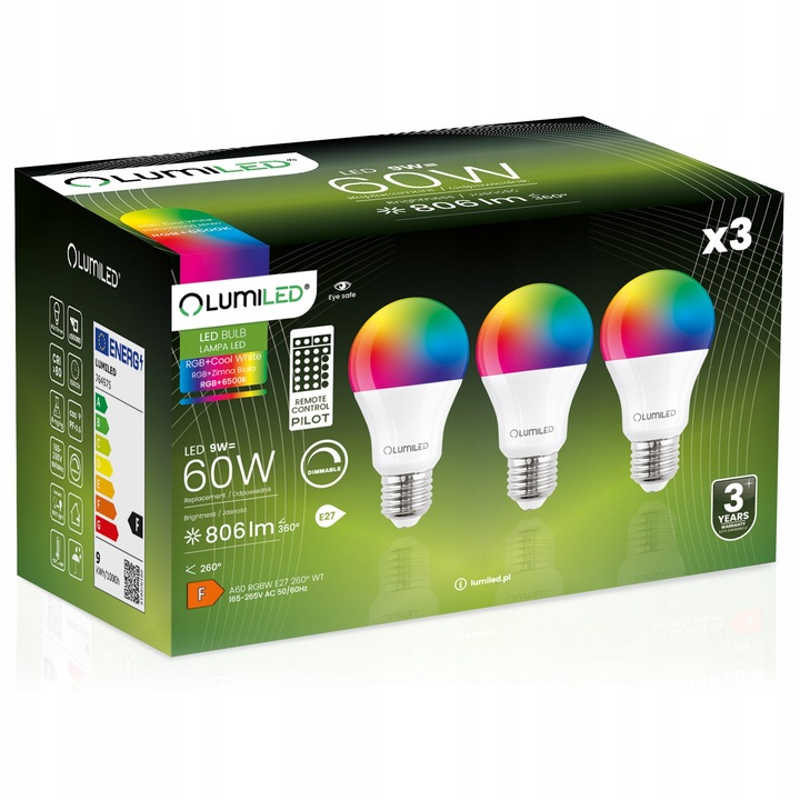 3x Żarówka LED E27 A60 9W = 60W 806lm RGBW Ściemnialna Inteligentna +