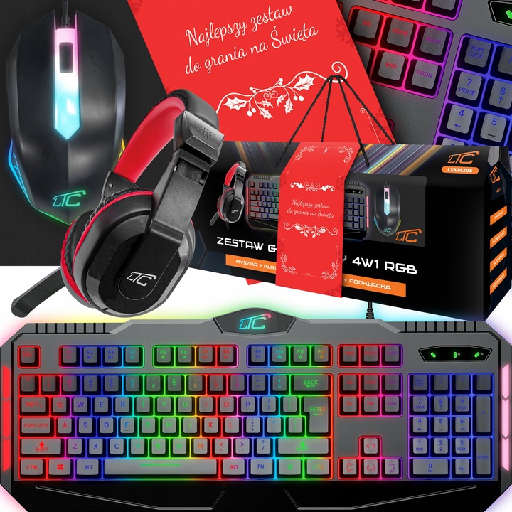 KLAWIATURA MYSZKA PODKŁADKA MIKROFON SŁUCHAWKI ZESTAW GAMINGOWY 4W1 PREZENT
