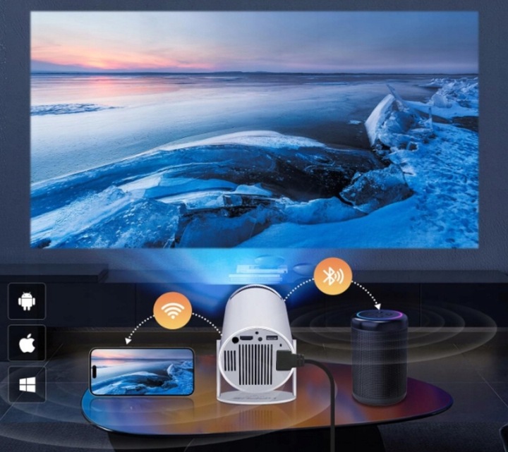 PROJEKTOR RZUTNIK LED ANDROID OBROTOWY 4K TV WIFI GŁOŚNIK BLUETOOTH HD 2025