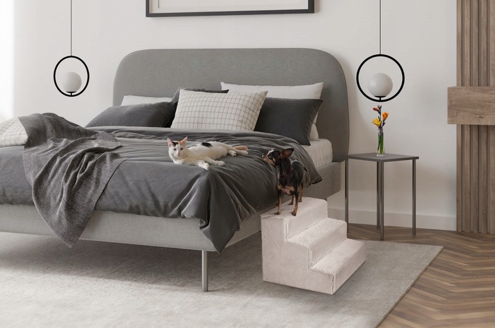 Schodki dla psa 3-stopnie tapicerowane jasnoszare podest dla psa do kanapy