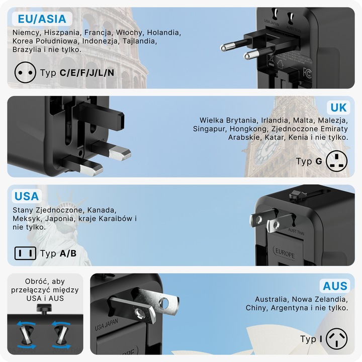 Przejsciowka adapter wtyczka angielska VOOMY, 1x USB-C & 1x USB-A, Czarna