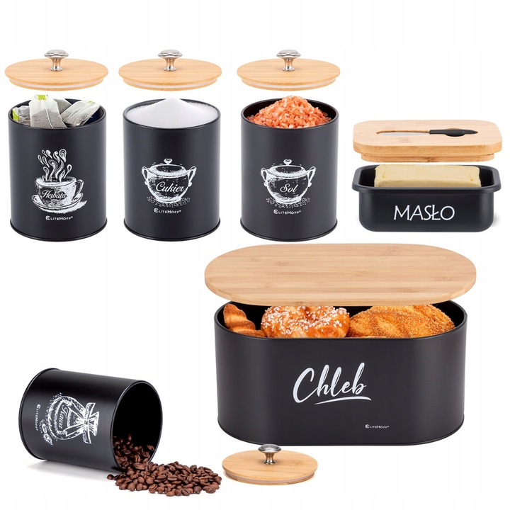 CHLEBAK POJEMNIKI MASELNICZKA DESKA BAMBUSOWY NA PRZYPRAWY CHLEB NOŻYK