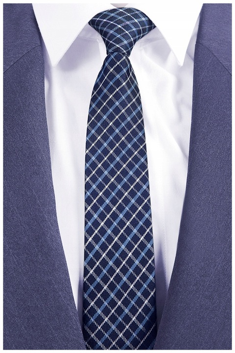 ŻAKARDOWY Krawat Męski w Kratkę Slim Fit Wąski Śledż Granatowy GREG gw46
