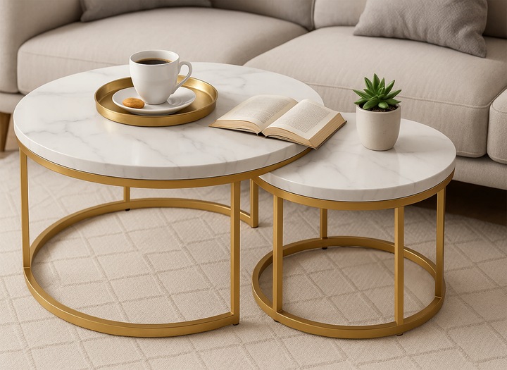 STOLIKI KAWOWE ZESTAW 2w1 ROZKŁADANE DO SALONU GLAMOUR MARMUR BIAŁY