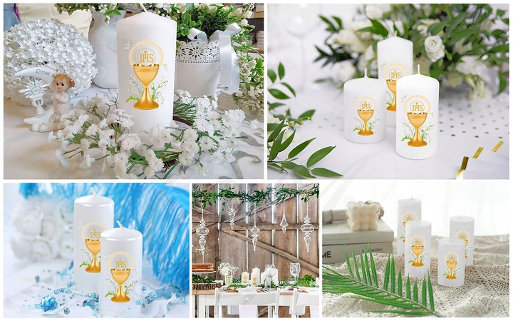 ŚWIECA KOMUNIJNA DEC5 dekoracja na stół komunia na komunię gruba nadrukiem