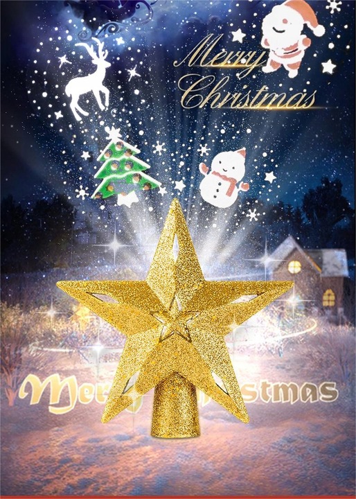 Projektor LED oświetla gwiazdy na czubku choinki, ozdoby świąteczne