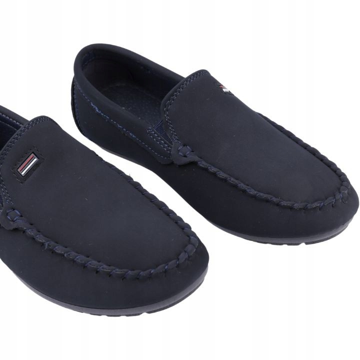 GRANATOWE MOKASYNY CHŁOPIĘCE PÓŁBUTY ZAMSZOWE WSUWANE BUTY NA KOMUNIĘ