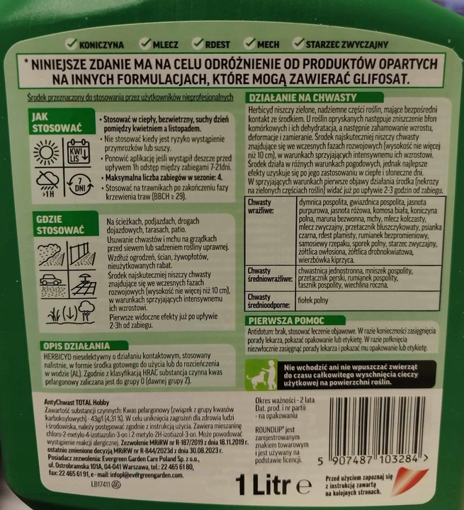 Silny Środek na Chwasty Roundup AntyChwast Środek Chwastobójczy 1L