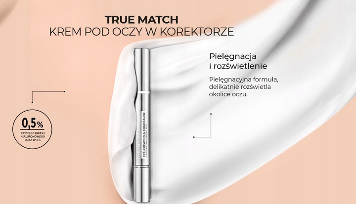LOREAL TRUE MATCH KOREKTOR POD OCZY Z KWASEM HIALURONOWYM I WIT.C JAK KREM