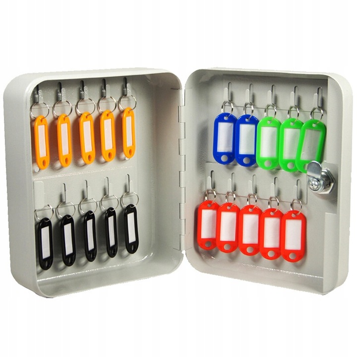 SKRZYNKA SZAFKA NA KLUCZE 20SZT ZAWIESZKAMI BIAŁA