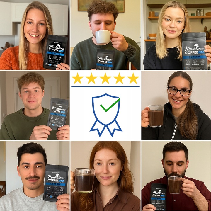 KAWA Z GRZYBÓW 9 w 1 Lions Mane Cordyceps Chaga Reishi MCT Błonnik