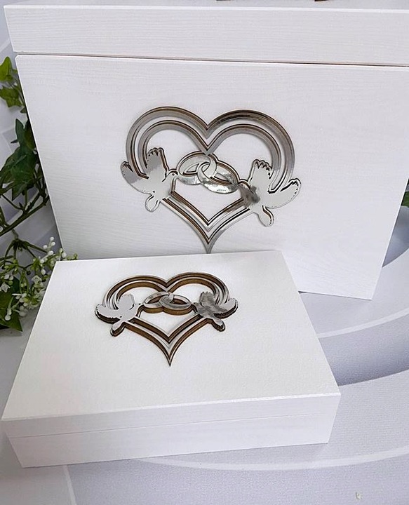 Pudełko na koperty + obrączki białe złote dekory