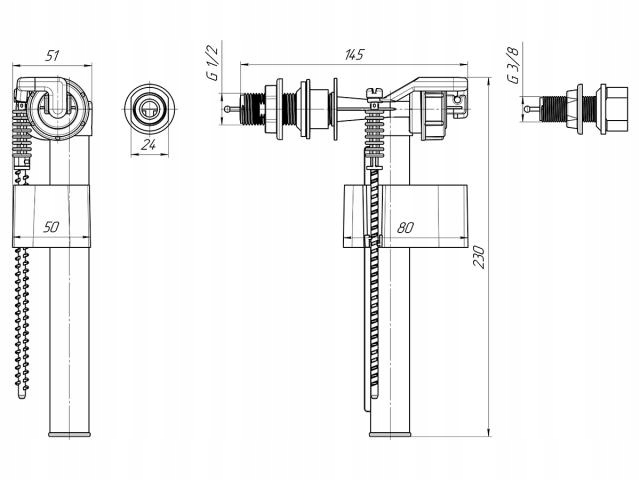 ZAWÓR SPUSTOWY WC SPŁUCZKI ZBIORNIKA+NAPEŁNIAJĄCY 1/2 3/8 +ZESTAW