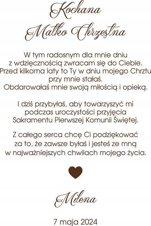 PODZIĘKOWANIE DLA MATKI CHRZESTNEJ KOMUNIA