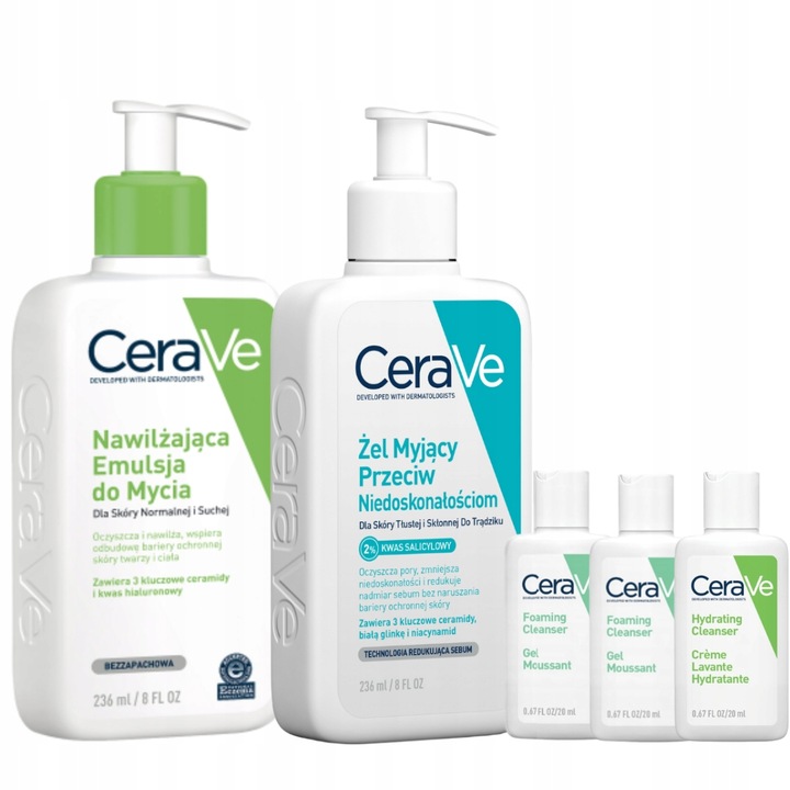 CeraVe Emulsja Nawilżająca do Mycia 236ml, Żel Myjący Trądzik 236ml +GRATIS
