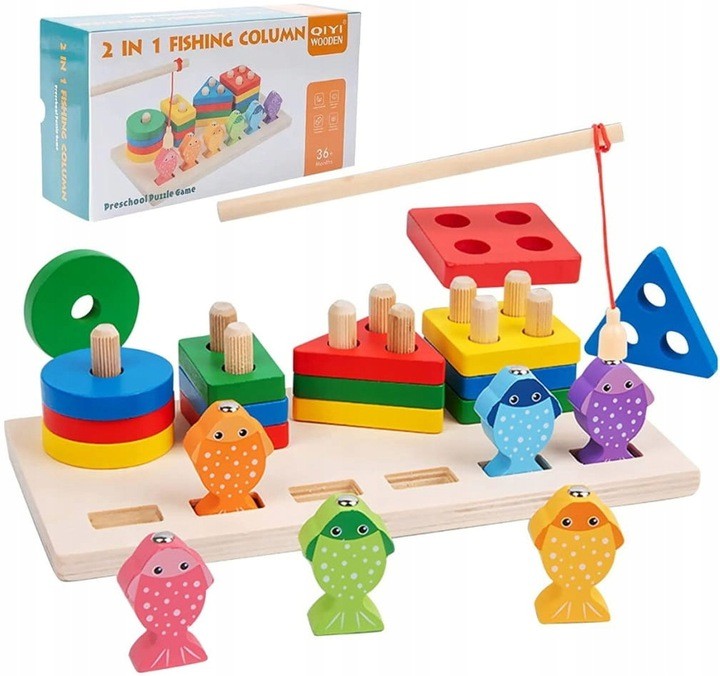 V4 ŁOWIENIE RYBEK SORTER DREWNIANY UKŁADANKA FIGURY 4 WIEŻE WĘDKA RYBKI 2w1