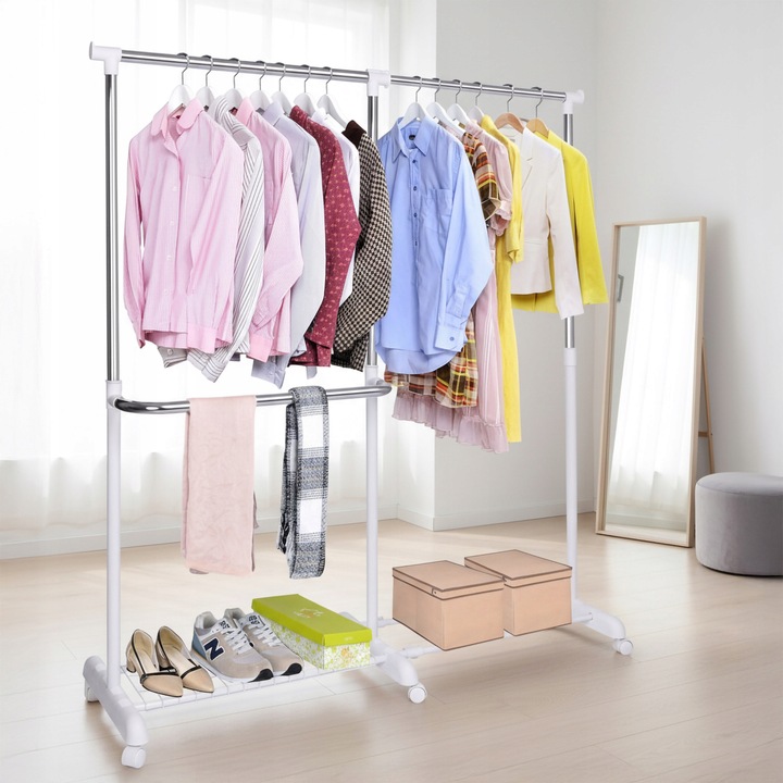 WIESZAK NA UBRANIA BUTY KÓŁKACH STOJĄCY STOJAK SKANDYNAWSKI BIAŁY