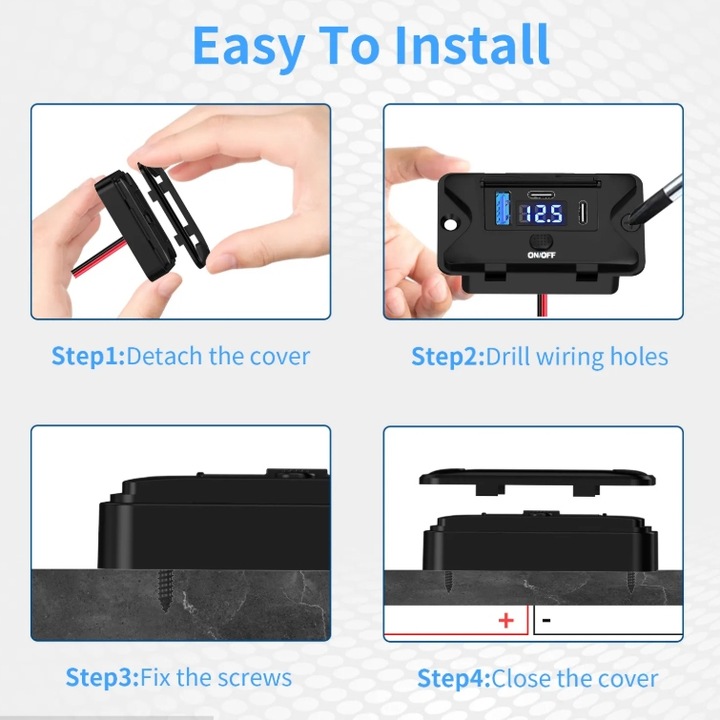 Gniazdo samochodowe montażowe 12V 24V USB 2xPD QC3.0 ON OFF WOLTOMIERZ 90W