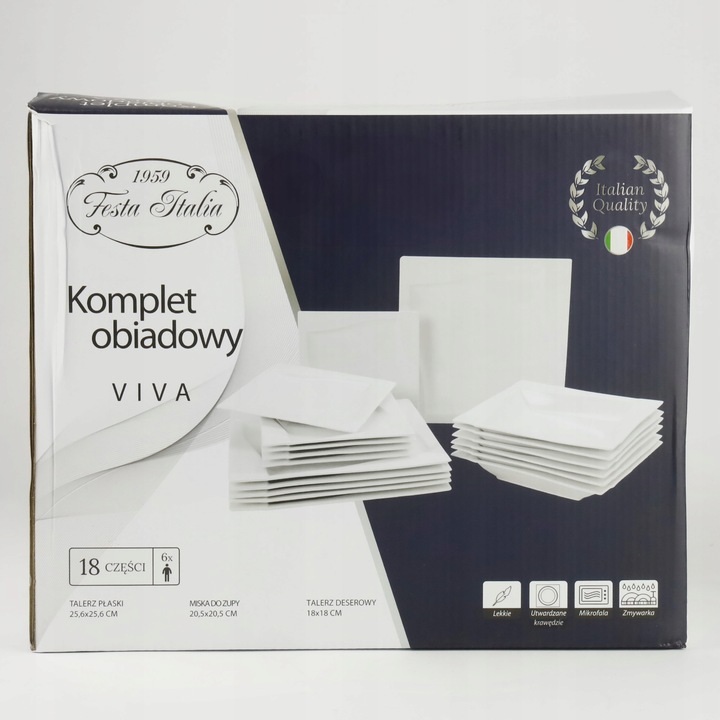 SERWIS OBIADOWY VIVA 18 EL DLA 6 OSÓB KWADRATOWY KPL TALERZY PORCELANOWYCH