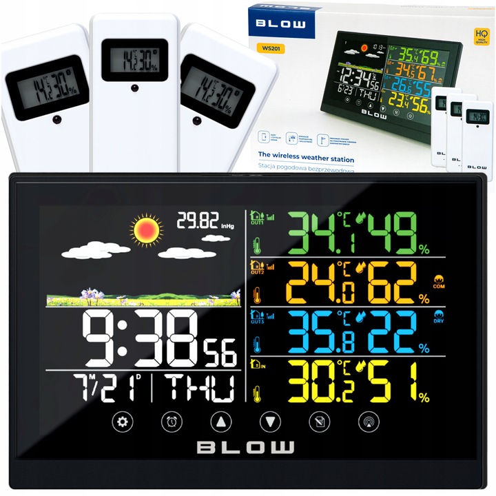 STACJA POGODY BEZPRZEWODOWA POGODOWA METEO TERMOMETR ZEGAR BUDZIK