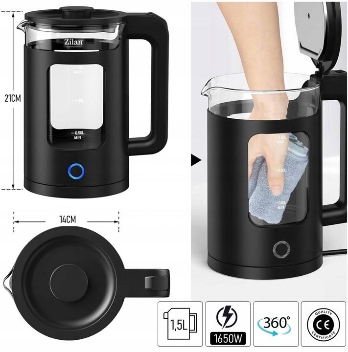 CZAJNIK ELEKTRYCZNY SZKŁO CZARNY 1,5L 1650W